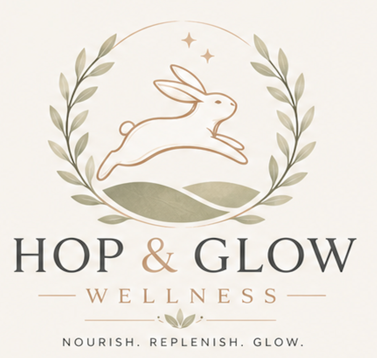 Hop & Glow Wellness — leaping rabbit framed by greenery